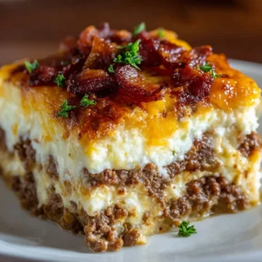 Delicious low-carb bacon cheeseburger casserole served in a baking dish.
