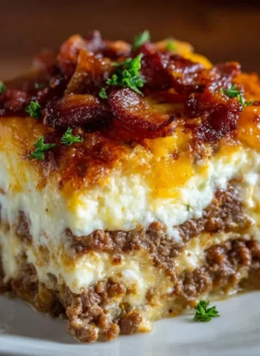 Delicious low-carb bacon cheeseburger casserole served in a baking dish.