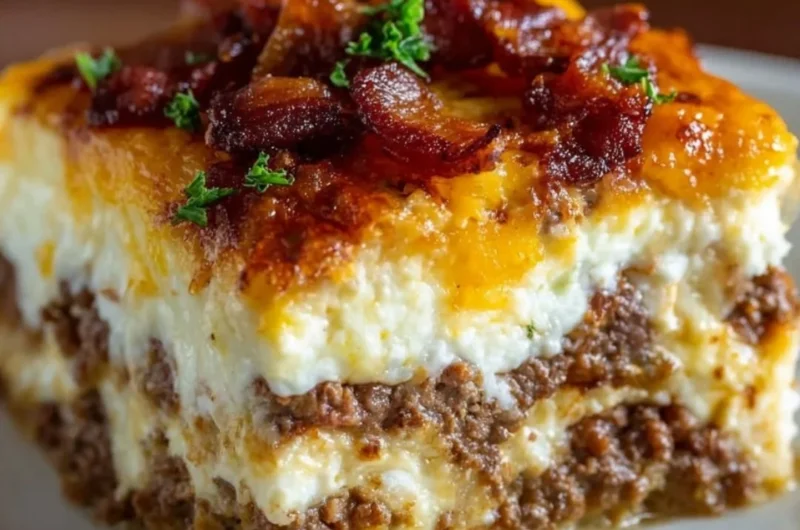 Delicious low-carb bacon cheeseburger casserole served in a baking dish.