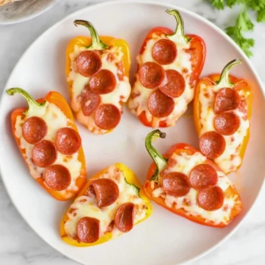 Pizza stuffed mini peppers filled with cheese and pepperoni on a plate