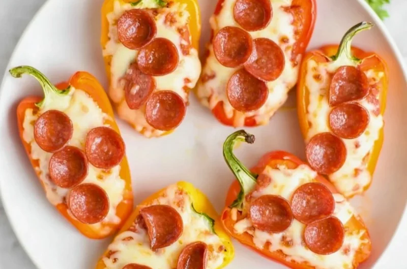 Pizza stuffed mini peppers filled with cheese and pepperoni on a plate
