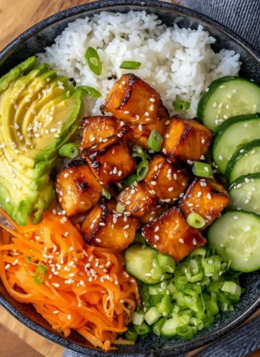 Delicious Salmon Bowl with fresh vegetables and rice