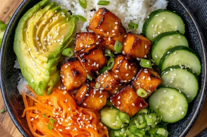 Delicious Salmon Bowl with fresh vegetables and rice