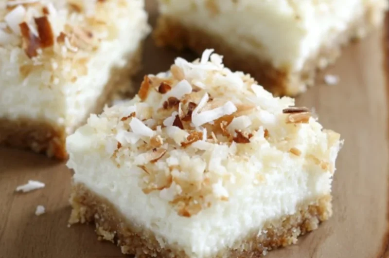 Skinny coconut cheesecake bars topped with shredded coconut and a light crust