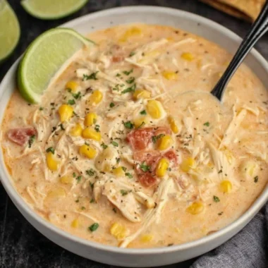 Slow Cooker Mexican Chicken Corn Chowder garnished with cilantro and lime slices