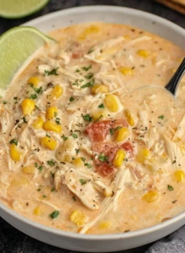 Slow Cooker Mexican Chicken Corn Chowder garnished with cilantro and lime slices