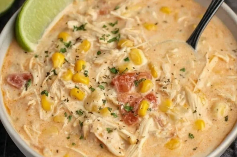 Slow Cooker Mexican Chicken Corn Chowder garnished with cilantro and lime slices