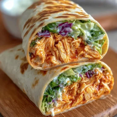 Spicy Buffalo Chicken Wraps served on a plate, garnished with fresh veggies.