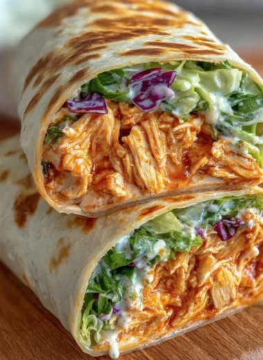 Spicy Buffalo Chicken Wraps served on a plate, garnished with fresh veggies.