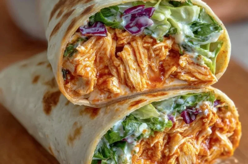 Spicy Buffalo Chicken Wraps served on a plate, garnished with fresh veggies.