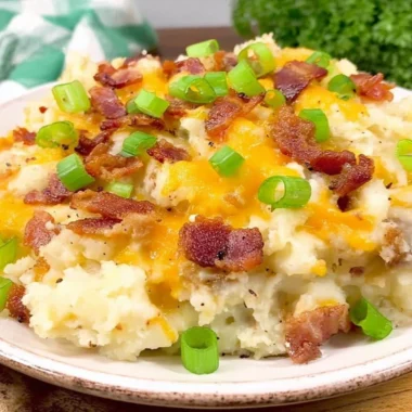 Delicious twice baked potato casserole topped with cheese and herbs.