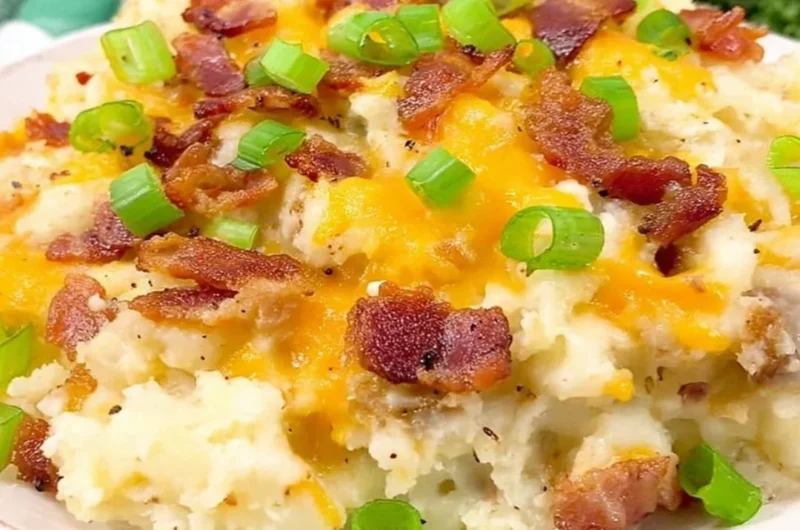 Delicious twice baked potato casserole topped with cheese and herbs.