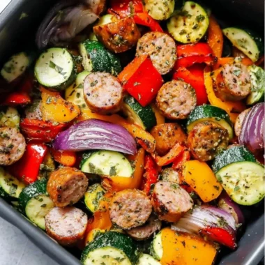 10-minute air fryer chicken sausage and veggies in a bowl