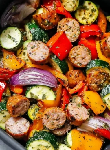 10-minute air fryer chicken sausage and veggies in a bowl