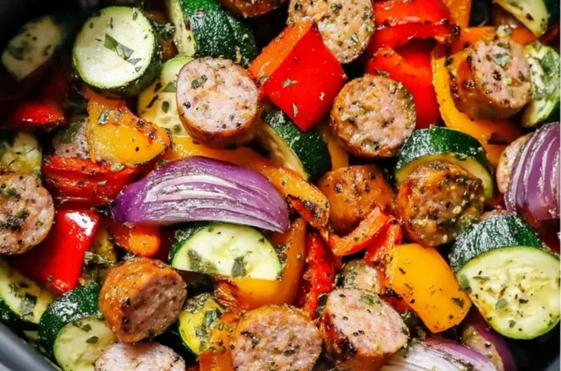 10-minute air fryer chicken sausage and veggies in a bowl