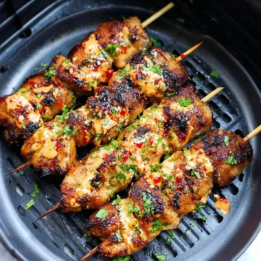 A plate of Air Fryer Bang Bang Chicken Skewers garnished with fresh herbs.