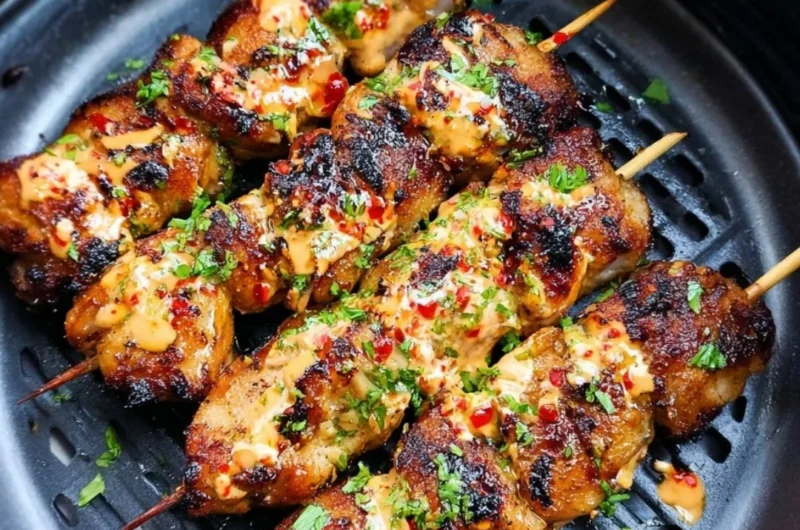 A plate of Air Fryer Bang Bang Chicken Skewers garnished with fresh herbs.