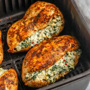 Air fryer stuffed chicken breasts topped with herbs and spices