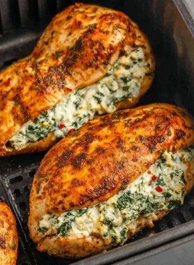 Air fryer stuffed chicken breasts topped with herbs and spices