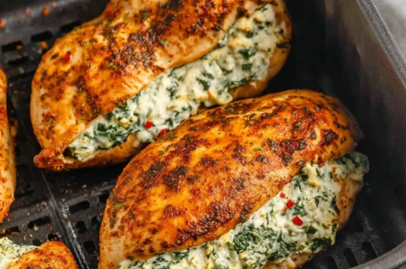 Air fryer stuffed chicken breasts topped with herbs and spices
