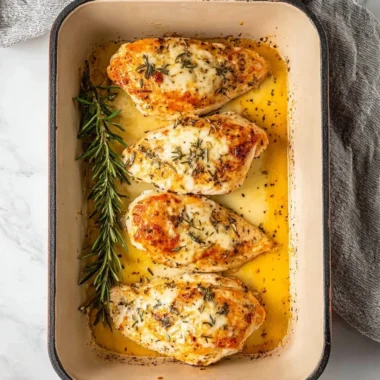 Baked Garlic Butter Chicken garnished with fresh herbs on a plate