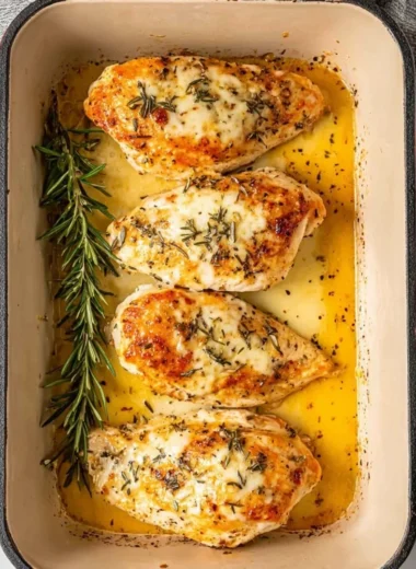 Baked Garlic Butter Chicken garnished with fresh herbs on a plate