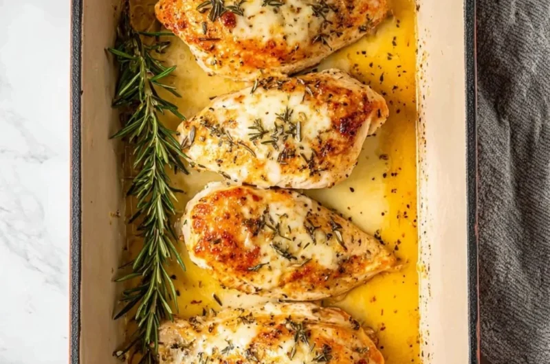 Baked Garlic Butter Chicken garnished with fresh herbs on a plate