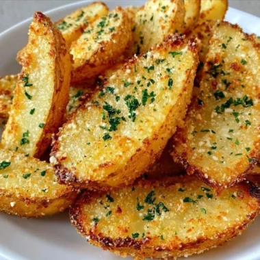 Baked garlic Parmesan potato wedges on a plate, garnished with herbs