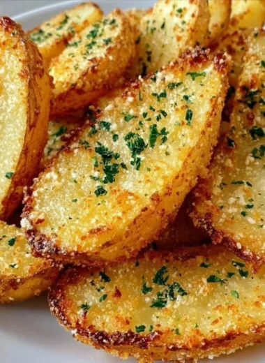 Baked garlic Parmesan potato wedges on a plate, garnished with herbs