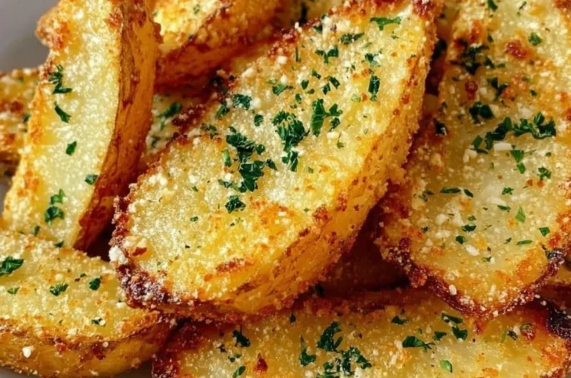 Baked garlic Parmesan potato wedges on a plate, garnished with herbs