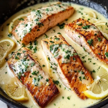 Baked salmon fillet topped with lemon butter cream sauce on a plate