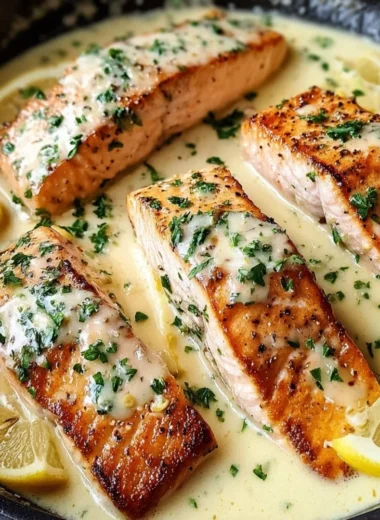 Baked salmon fillet topped with lemon butter cream sauce on a plate