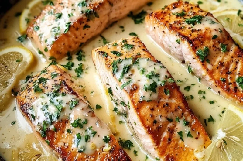 Baked salmon fillet topped with lemon butter cream sauce on a plate