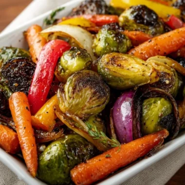 Balsamic glazed roasted vegetables on a serving platter