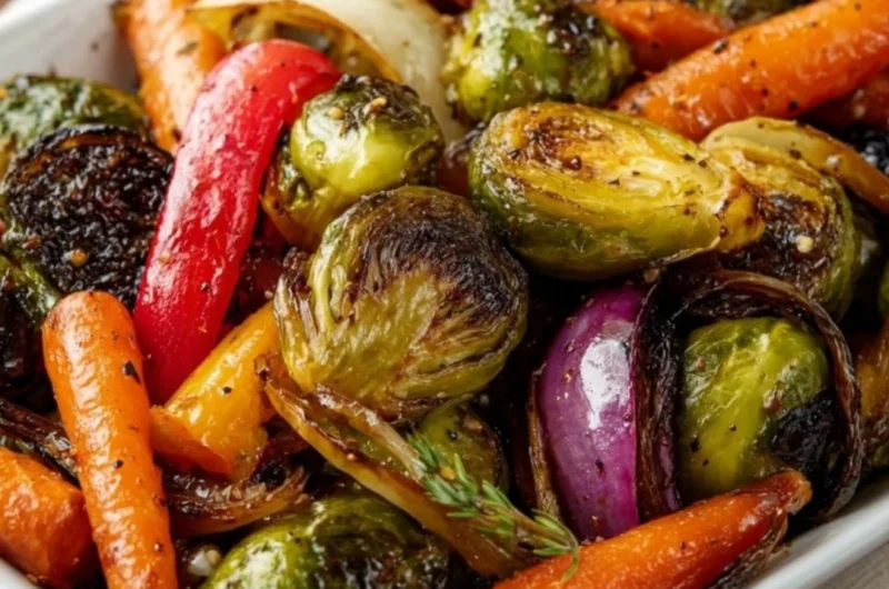 Balsamic glazed roasted vegetables on a serving platter