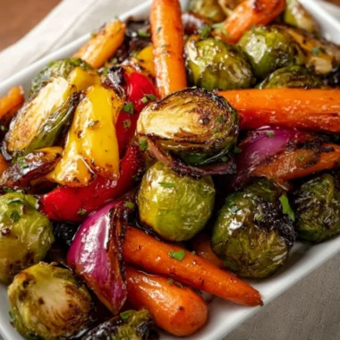 Balsamic glazed roasted vegetables on a serving platter.