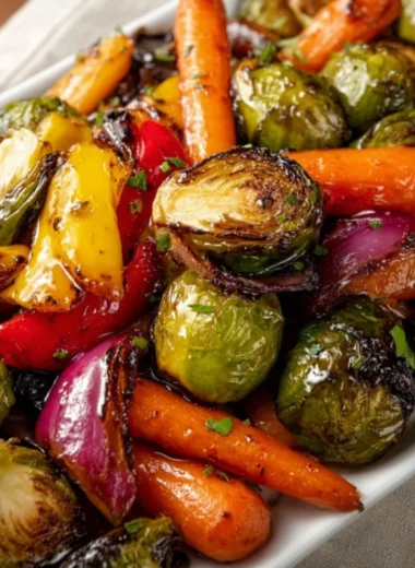 Balsamic glazed roasted vegetables on a serving platter.