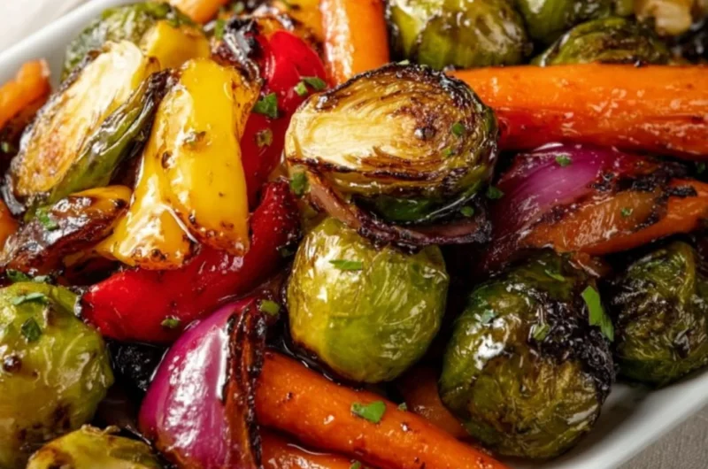 Balsamic glazed roasted vegetables on a serving platter.