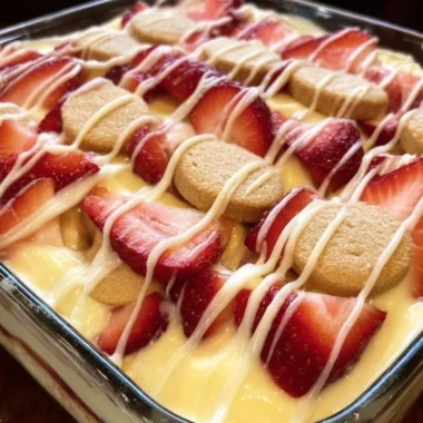 Delicious banana pudding with fresh strawberries served in a bowl