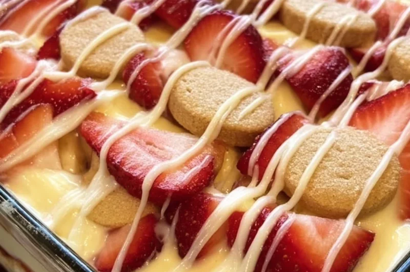 Delicious banana pudding with fresh strawberries served in a bowl