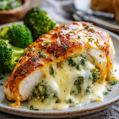 Delicious broccoli cheese stuffed chicken breast garnished with herbs.