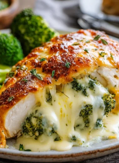 Delicious broccoli cheese stuffed chicken breast garnished with herbs.