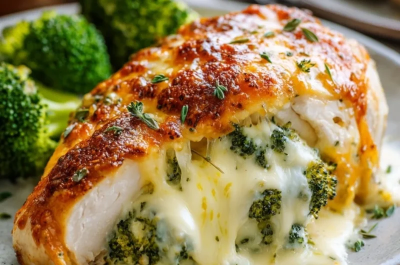 Delicious broccoli cheese stuffed chicken breast garnished with herbs.