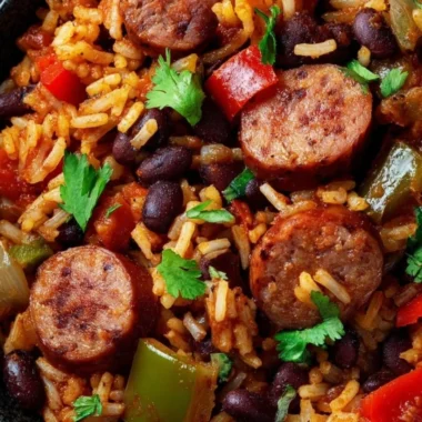 Plate of black beans and rice with sausage, garnished with herbs.