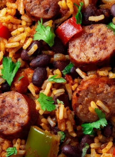 Plate of black beans and rice with sausage, garnished with herbs.