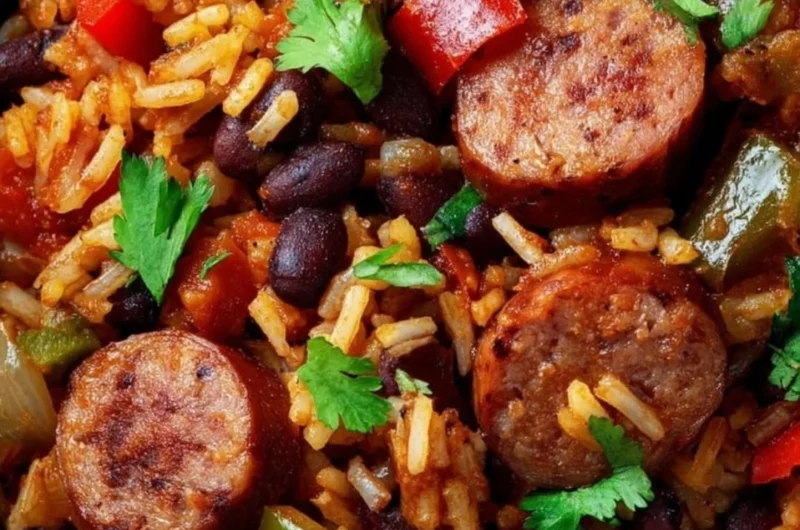 Plate of black beans and rice with sausage, garnished with herbs.