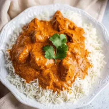 Delicious butter chicken served with rice and naan bread
