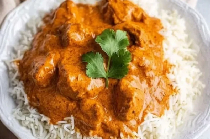 Delicious butter chicken served with rice and naan bread