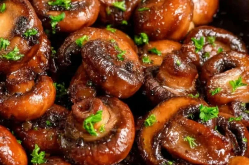 Plate of buttery sautéed mushrooms garnished with herbs