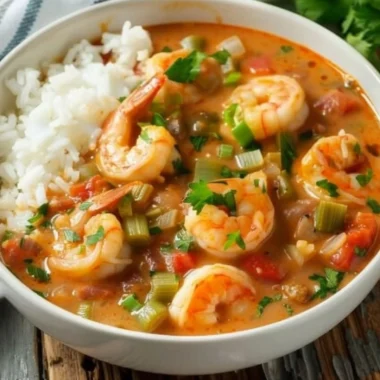 A bowl of delicious Cajun Shrimp Etouffee served with rice and garnished with parsley